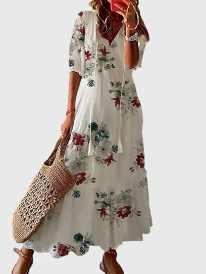 Damen Boho Maxikleid V-Ausschnitt