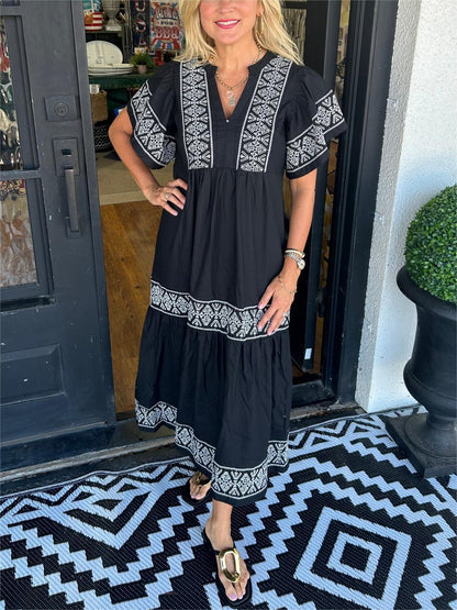 Ibiza Style Damen Midi Kleid V-Ausschnitt Weite Ärmel Lockere Passform - Eveloria