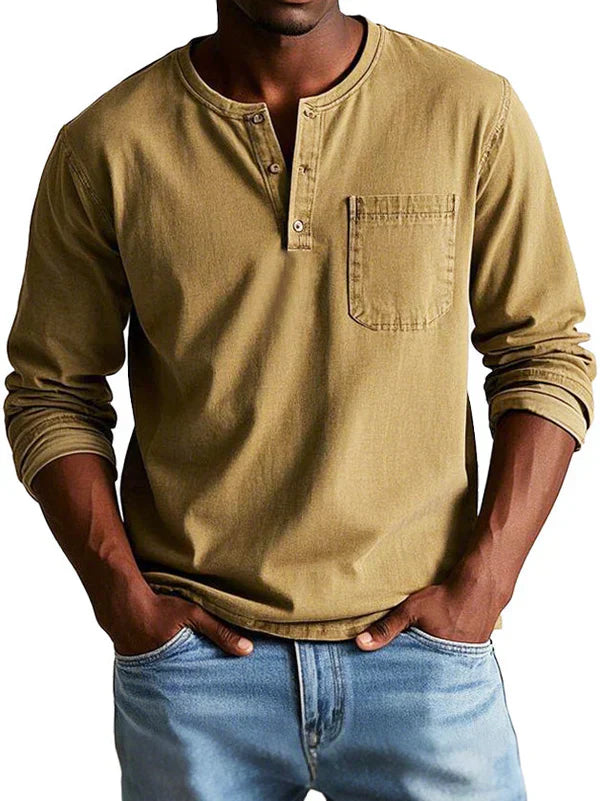 Herren Langarm-Henleyshirt Lässig Baumwolle Weiß