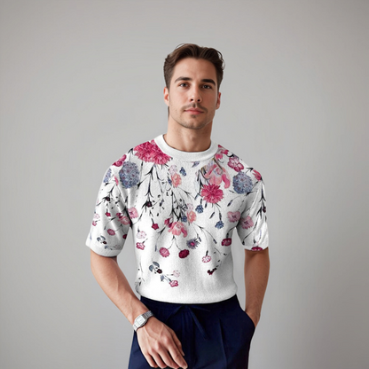Herren Kurzarmshirt Floralmuster Baumwolle Blau