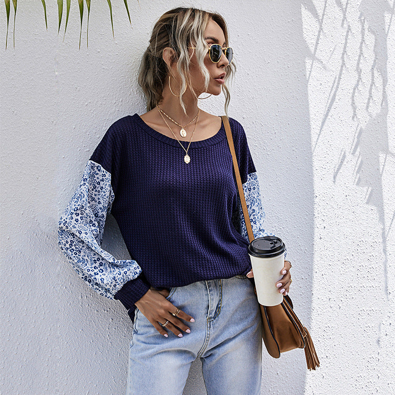 Damen Strickoberteil Floral Puffärmel Braun