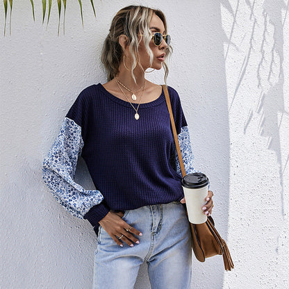 Damen Strickoberteil Floral Puffärmel Braun