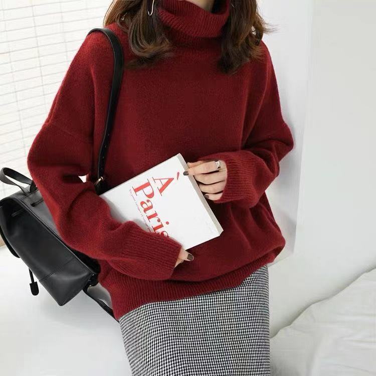 Damen Grobstrickpullover Stehkragen Weit
