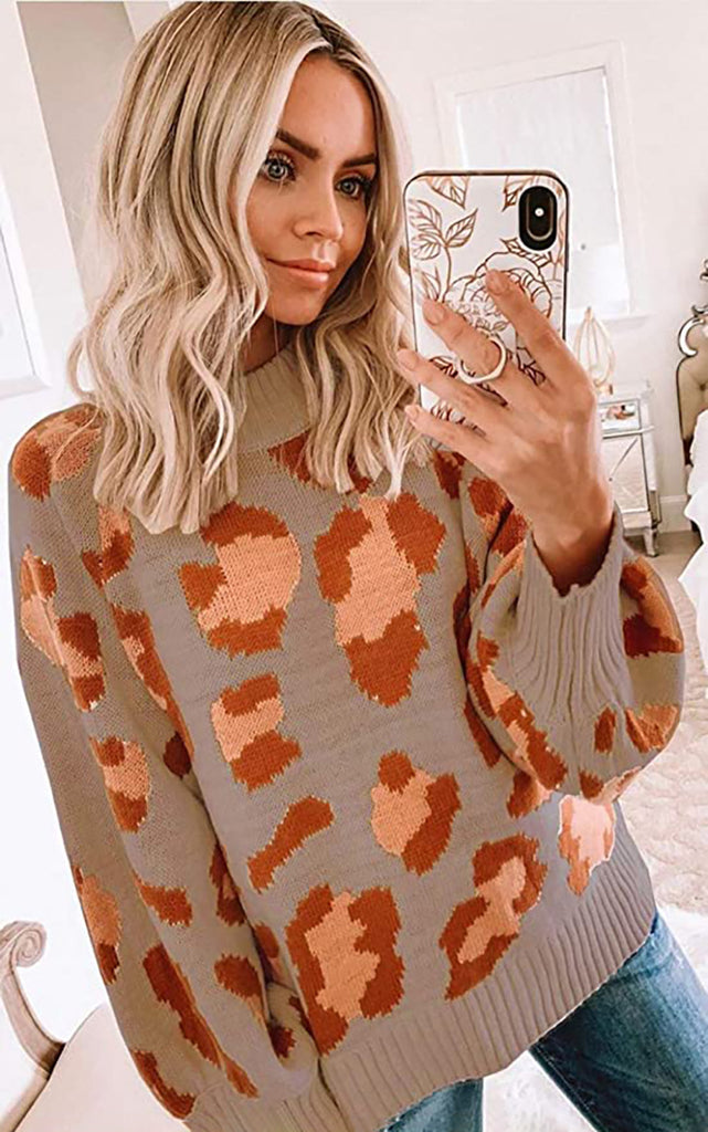 Eveloria Damen Oversized Sweater Wollmischung Leopardenmuster Rundhals