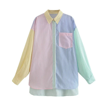 Damen Oversize Bluse Mehrfarbig Streifen Reverskragen Baumwolle