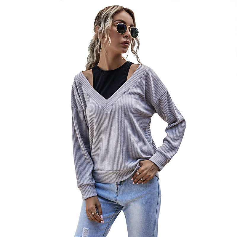 Damen Pullover V-Ausschnitt Waffelmuster Grau Eveloria