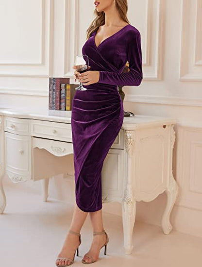 Eveloria Damen Samt Midikleid Langärmelig Bodycon Schwarz - Eveloria