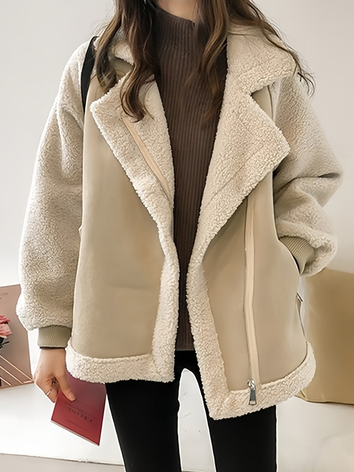 Eveloria Damen Oversize Kunstfelljacke Wildlederoptik Reverskragen - Eveloria