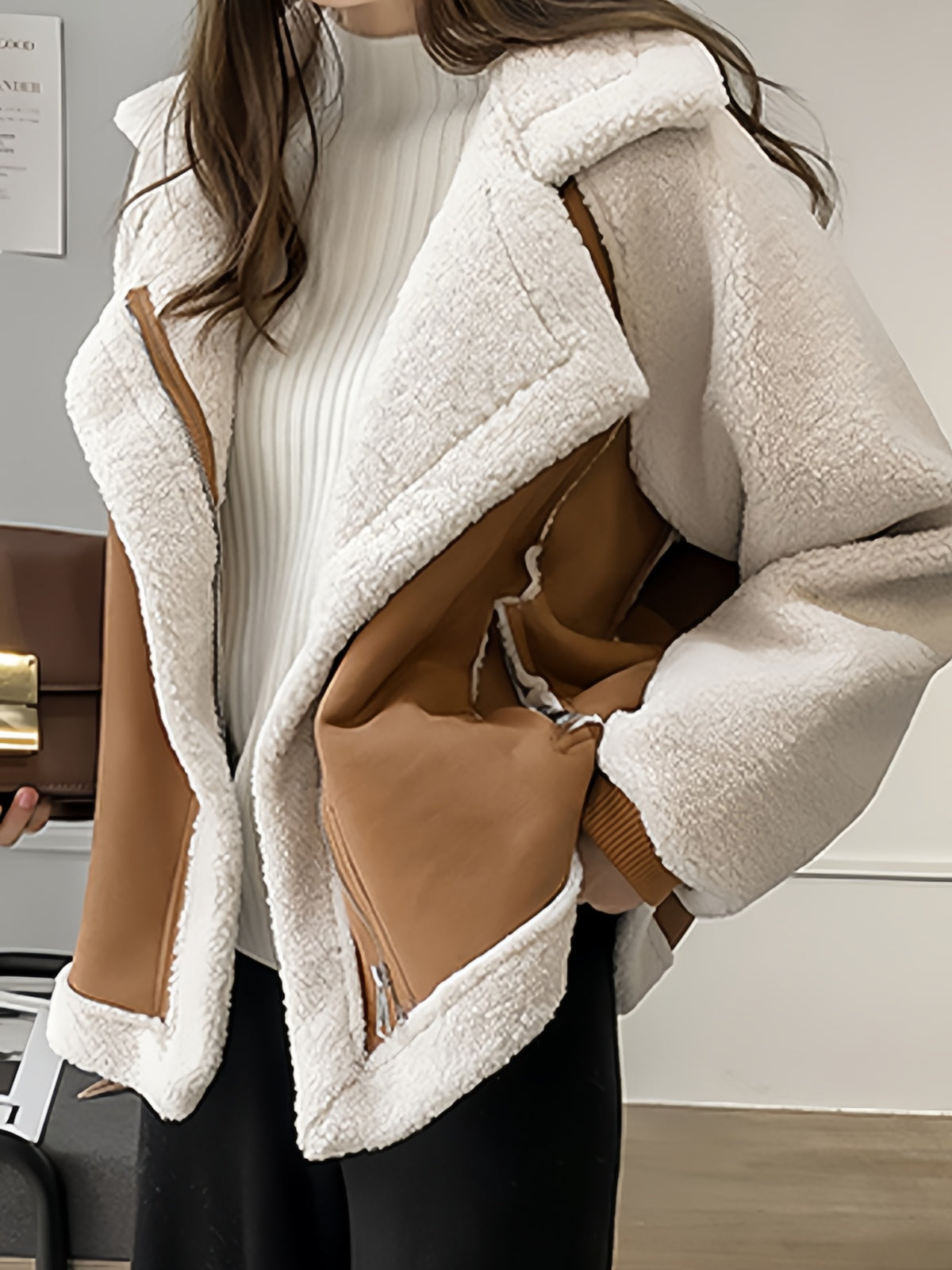 Eveloria Damen Oversize Kunstfelljacke Wildlederoptik Reverskragen