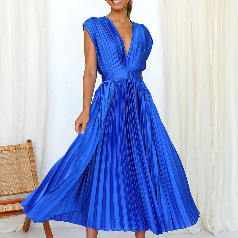 Damen Abendkleid Plissiert V-Ausschnitt Elegantes Fließendes Kleid