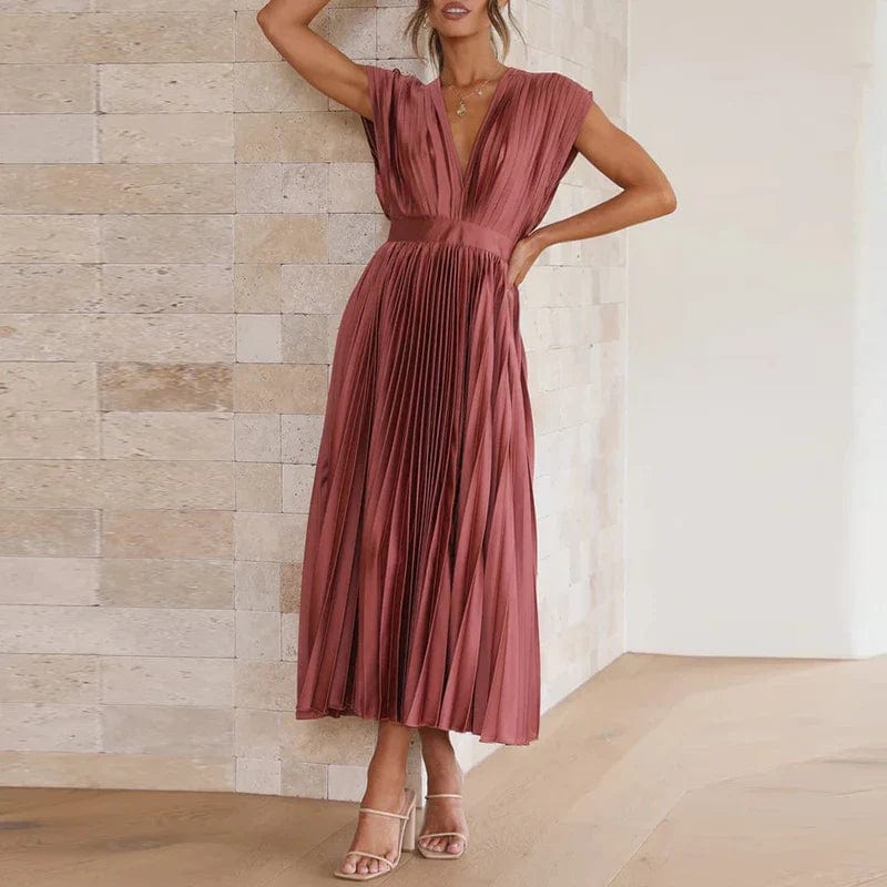 Damen Abendkleid Plissiert V-Ausschnitt Elegantes Fließendes Kleid