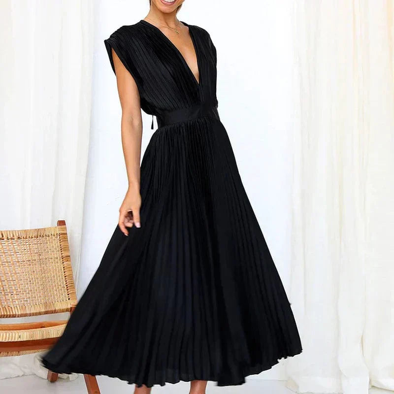 Damen Abendkleid Plissiert V-Ausschnitt Elegantes Fließendes Kleid
