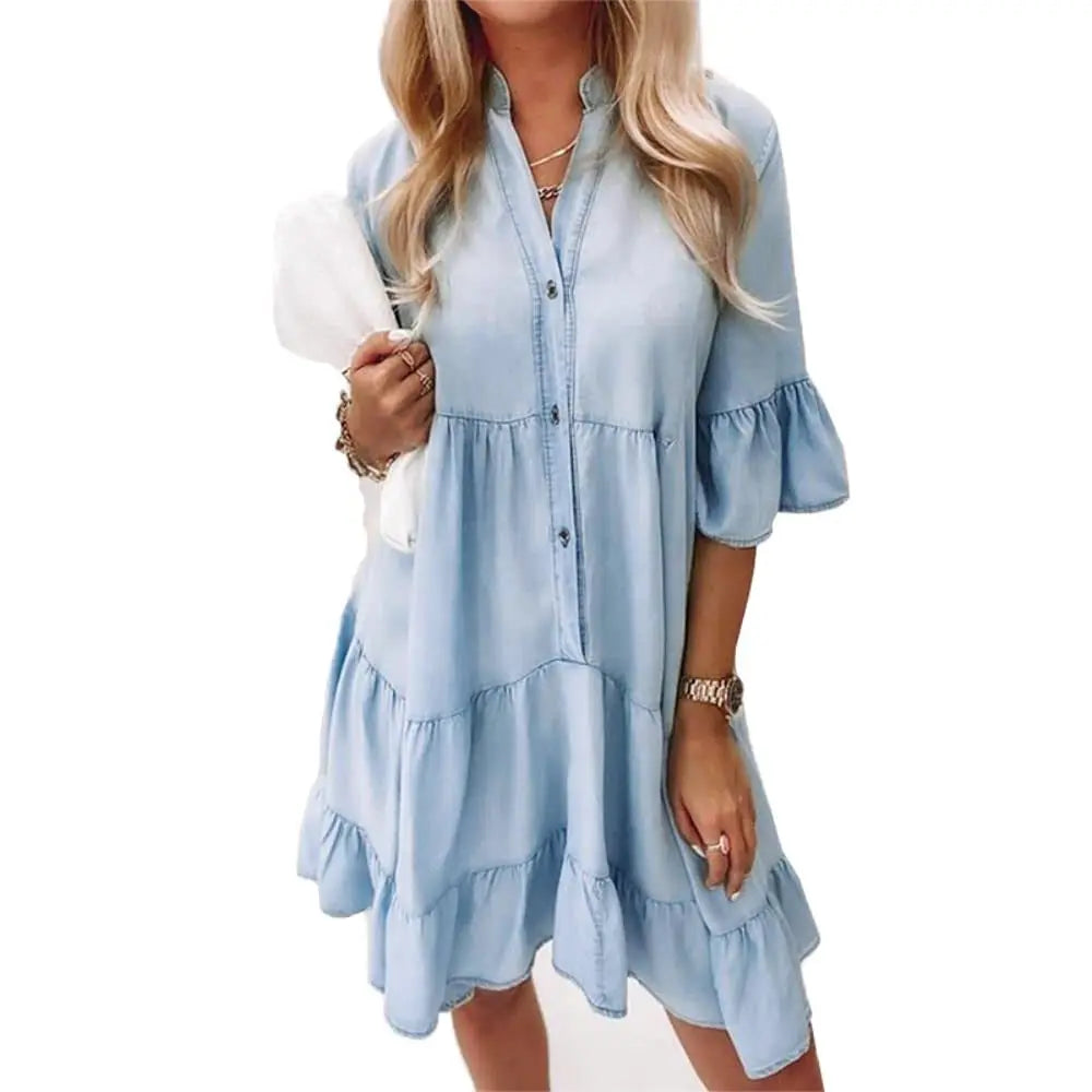 Damen Jeanskleid V-Ausschnitt Knöpfe Blau - Eveloria
