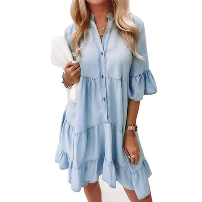 Damen Jeanskleid V-Ausschnitt Knöpfe Blau - Eveloria