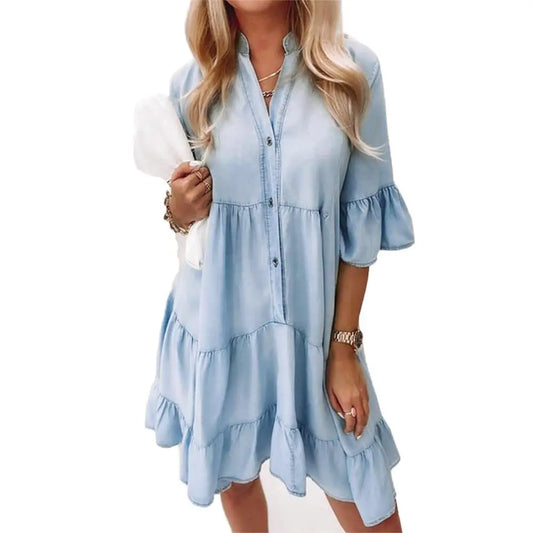 Damen Jeanskleid V-Ausschnitt Knöpfe Blau - Eveloria