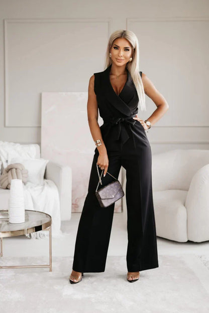 Damen Ärmellose Jumpsuit V-Ausschnitt mit Bindegürtel - Eveloria