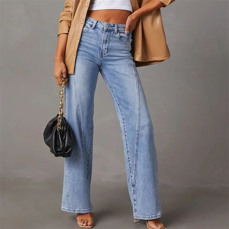 Damen High-Rise Denim Jeans Weite Beine Blau - Eveloria