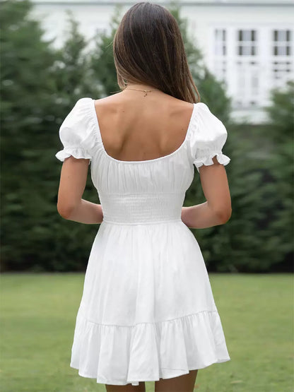 Damen Sommerkleid Puffärmel Rüschenrock Mini