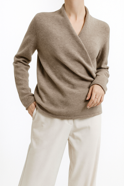 Damen Wickelpullover V-Ausschnitt Wollig Beige