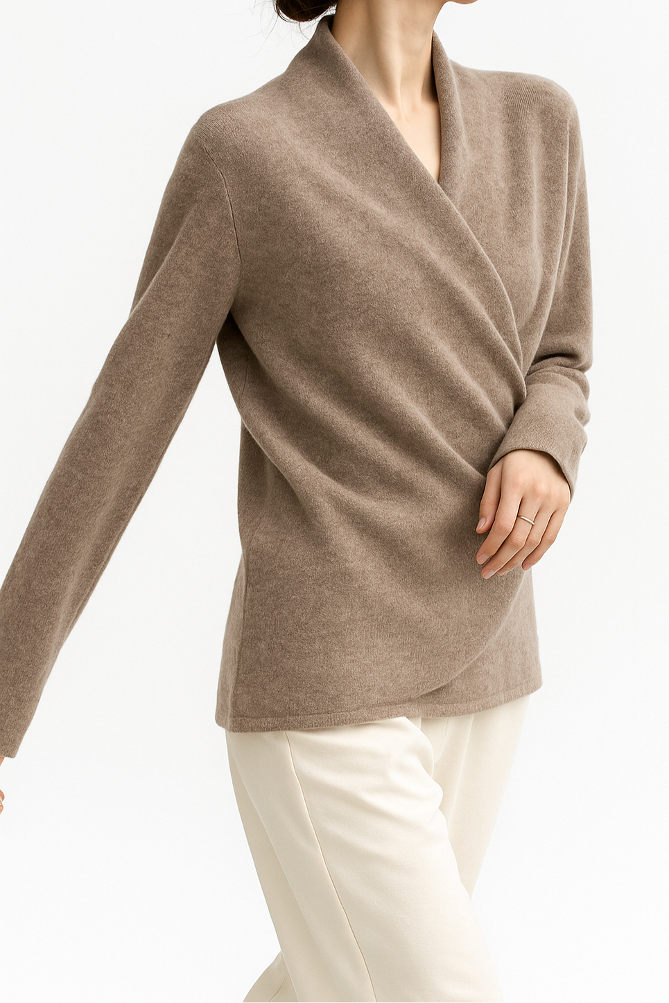 Damen Wickelpullover V-Ausschnitt Wollig Beige