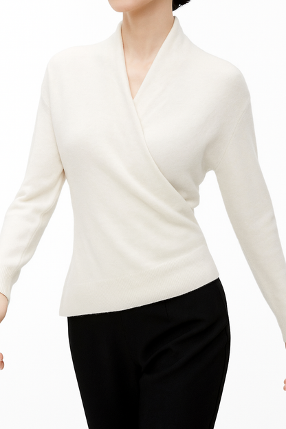 Damen Wickelpullover V-Ausschnitt Wollig Beige