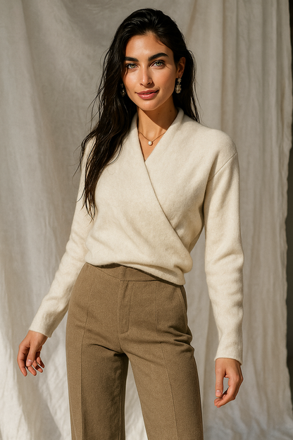 Damen Wickelpullover V-Ausschnitt Wollig Beige