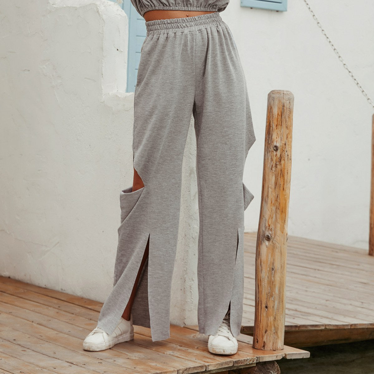 Damen High-Waist Freizeithose mit Schlitzen Schwarz Eveloria - Eveloria