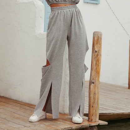 Damen High-Waist Freizeithose mit Schlitzen Schwarz Eveloria - Eveloria