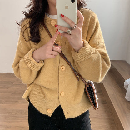 Damen Strickjacke Weich Dekorative Knöpfe Beige