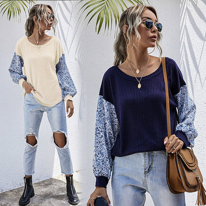 Damen Strickoberteil Floral Puffärmel Braun