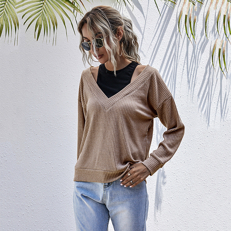 Damen Pullover V-Ausschnitt Waffelmuster Grau Eveloria
