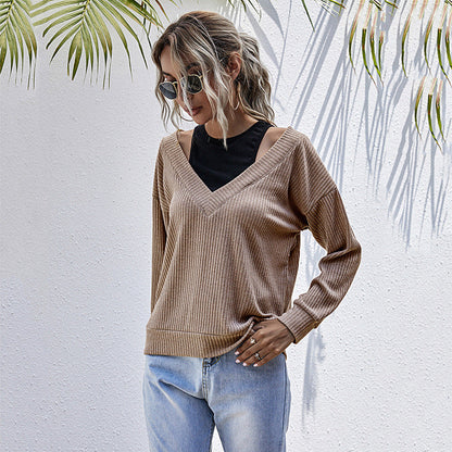 Damen Pullover V-Ausschnitt Waffelmuster Grau Eveloria