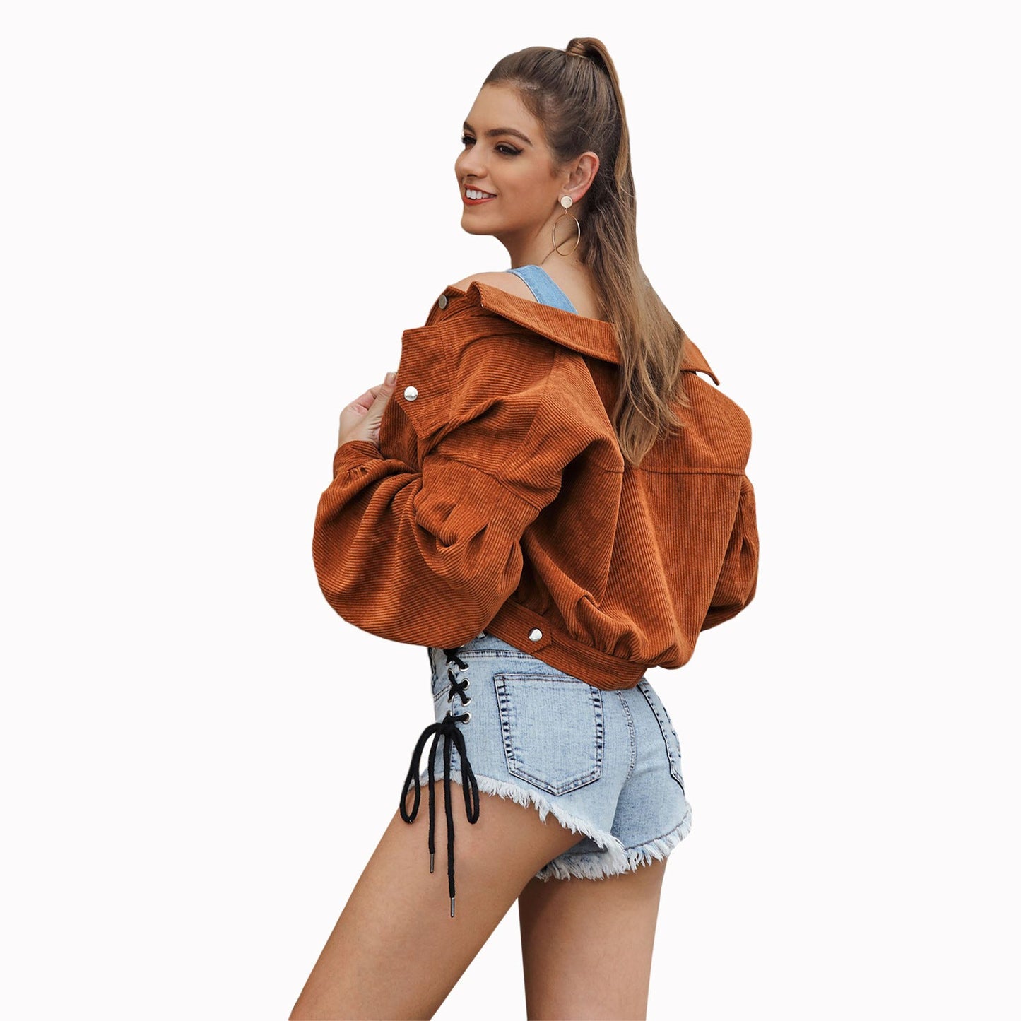 Damen Cordjacke Crop-Design Knopfdetails Voluminäre Ärmel Braun
