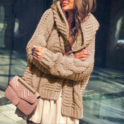 Damen Cardigan Grobstrick Voluminöse Ärmel Lässig Beige