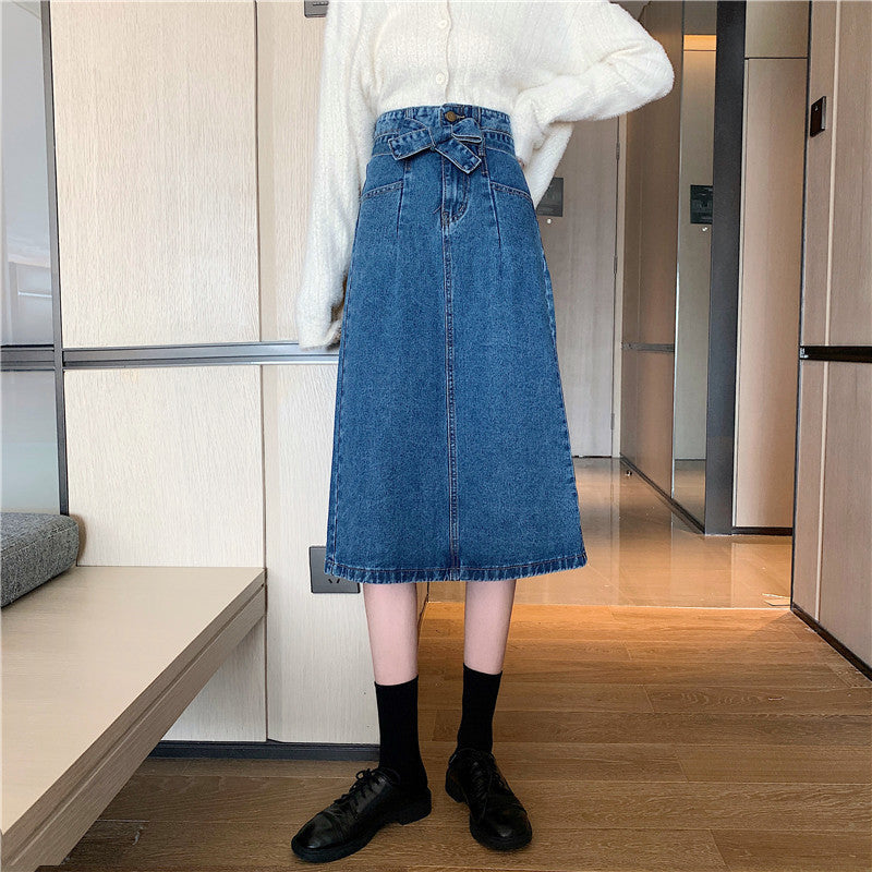 Damen Denim Midi-Rock Abnehmbarer Gürtel Blau