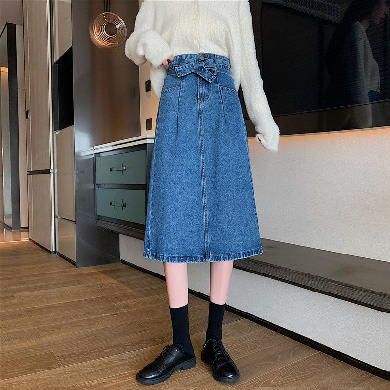 Damen Denim Midi-Rock Abnehmbarer Gürtel Blau - Eveloria