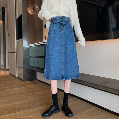 Damen Denim Midi-Rock Abnehmbarer Gürtel Blau - Eveloria