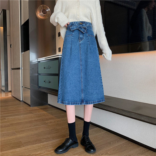 Damen Denim Midi-Rock Abnehmbarer Gürtel Blau - Eveloria