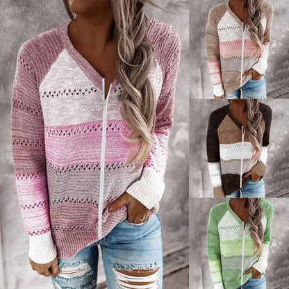 Damen Strickpullover Reißverschluss Rippdetails Luftig Eveloria - Eveloria