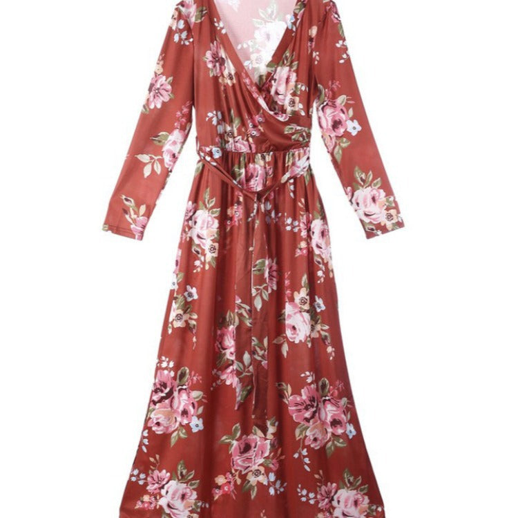 Damen Maxikleid Floral Wickeldesign Langer Ärmel