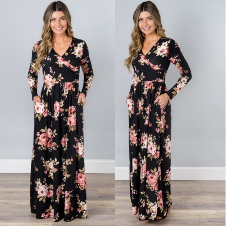 Damen Maxikleid Floral Wickeldesign Langer Ärmel