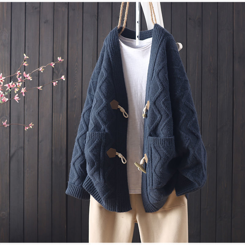 Damen Grobstrickcardigan Zopfmuster Baumwolle Beige