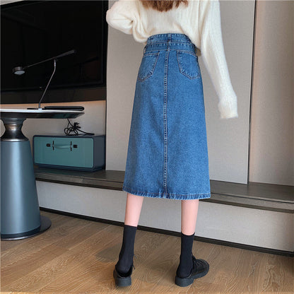 Damen Denim Midi-Rock Abnehmbarer Gürtel Blau