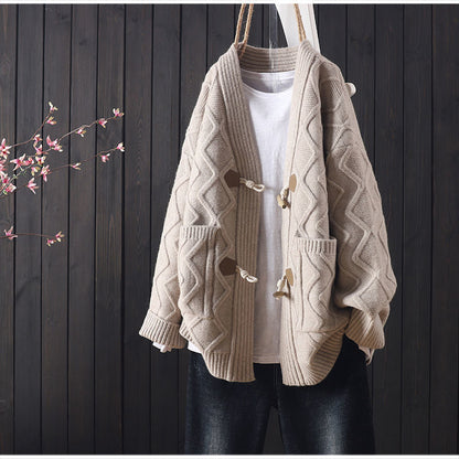 Damen Grobstrickcardigan Zopfmuster Baumwolle Beige
