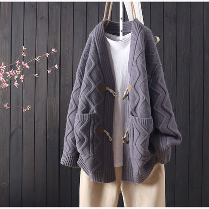 Damen Grobstrickcardigan Zopfmuster Baumwolle Beige