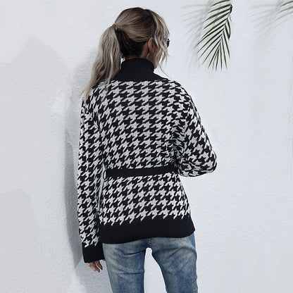 Damen Strickjacke Karomuster Taillengurt