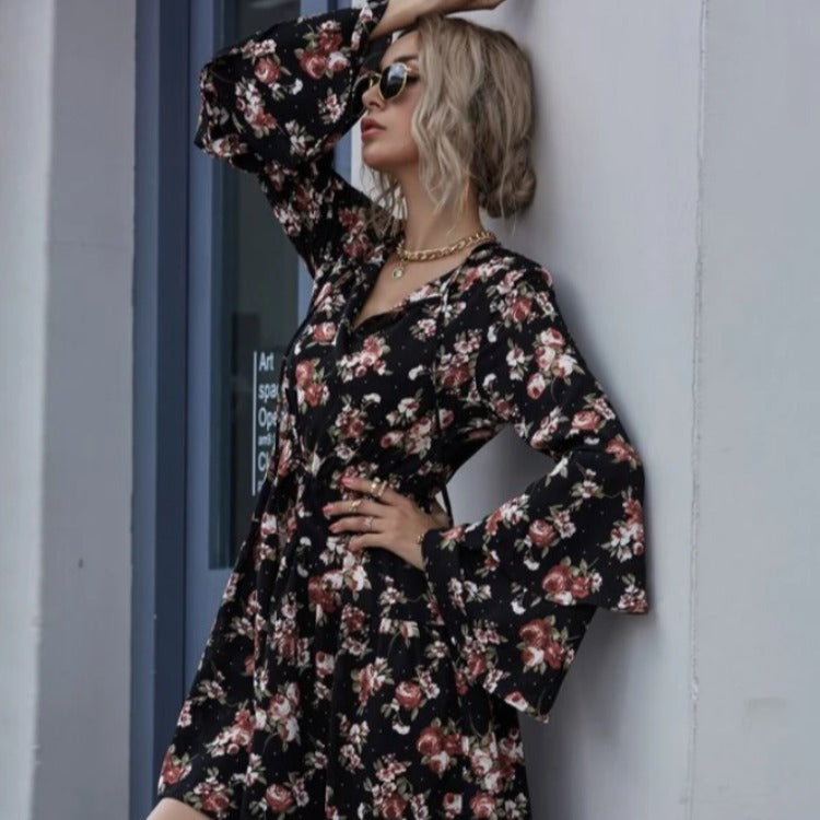 Damen Midikleid Weitärmlig Floralmuster Eveloria - Eveloria