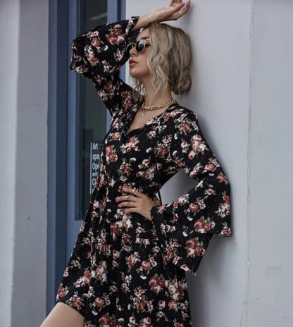 Damen Midikleid Weitärmlig Floralmuster Eveloria
