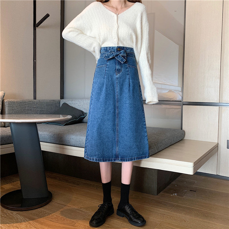 Damen Denim Midi-Rock Abnehmbarer Gürtel Blau