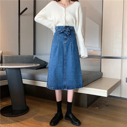 Damen Denim Midi-Rock Abnehmbarer Gürtel Blau